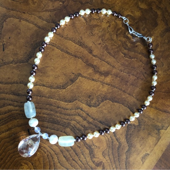 Handcrafted repurpose genuine ghost quartz pendant Czech glass Pearl necklace - Picture 9 of 16